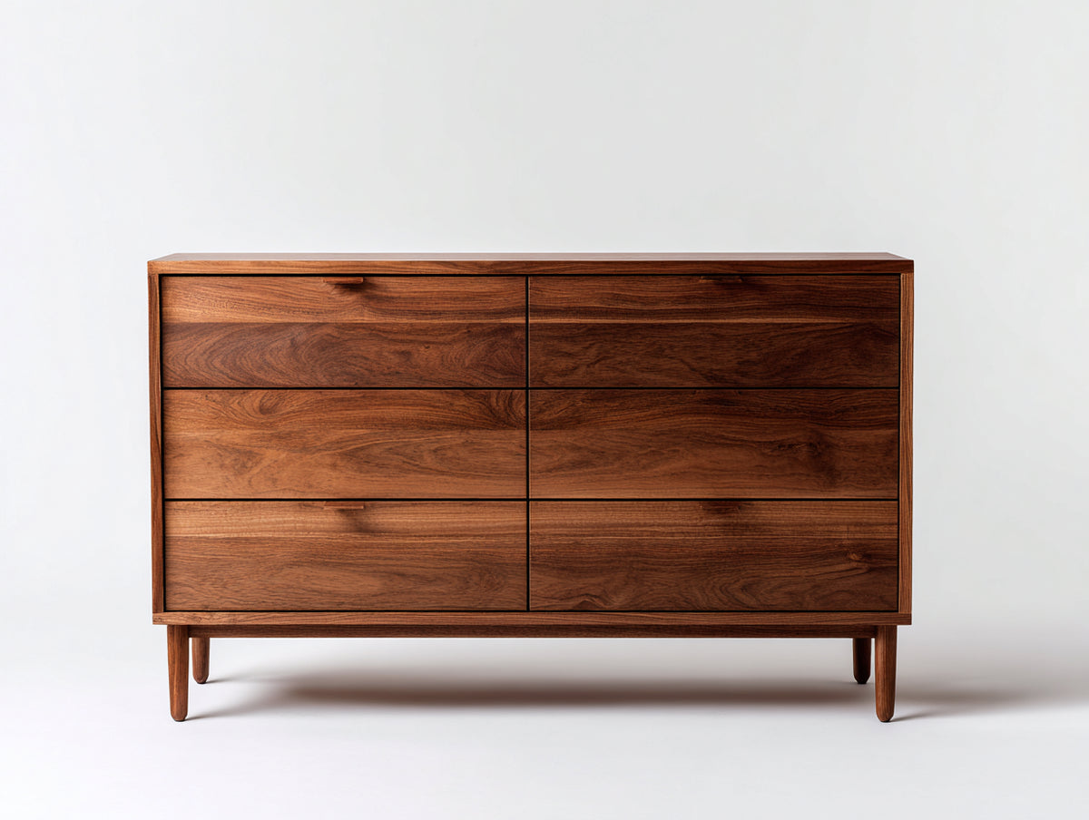 Cómoda 160x45x85 cm - de 6 cajones de madera maciza con diseño moderno y acabado natural - color nogal - estilo elegante contemporáneo