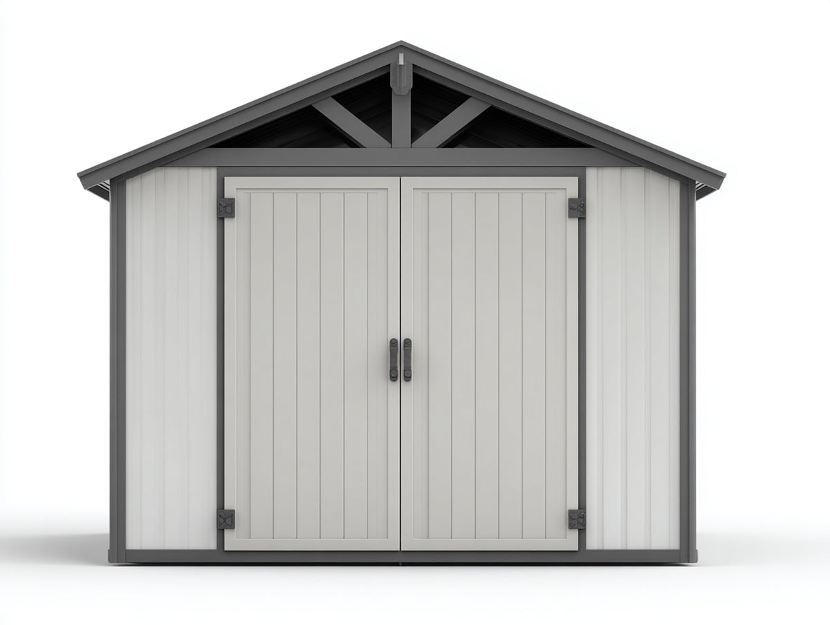 Caseta de jardín de madera 350x250x220 cm color gris y blanco - Cobertizo exterior con puertas dobles