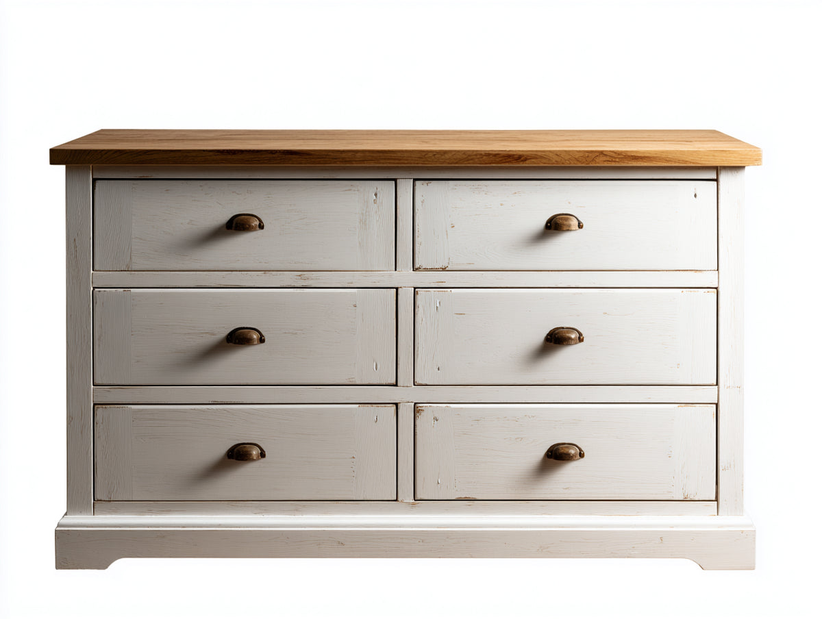 Cómoda 150x45x85 cm - blanco y madera natural - diseño clásico con 6 cajones para dormitorio