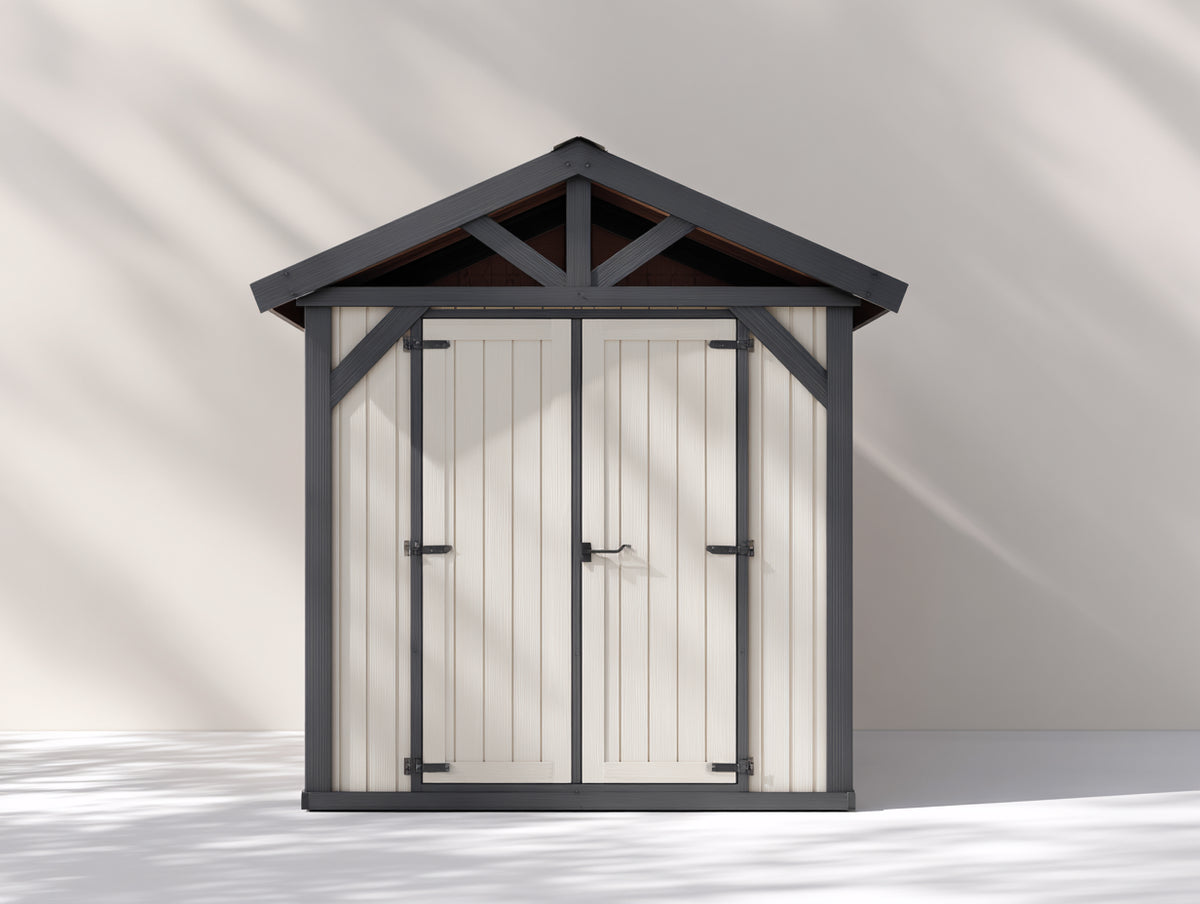 Caseta de jardín de madera 300x250x220 cm color gris y blanco - Cobertizo exterior con puertas dobles