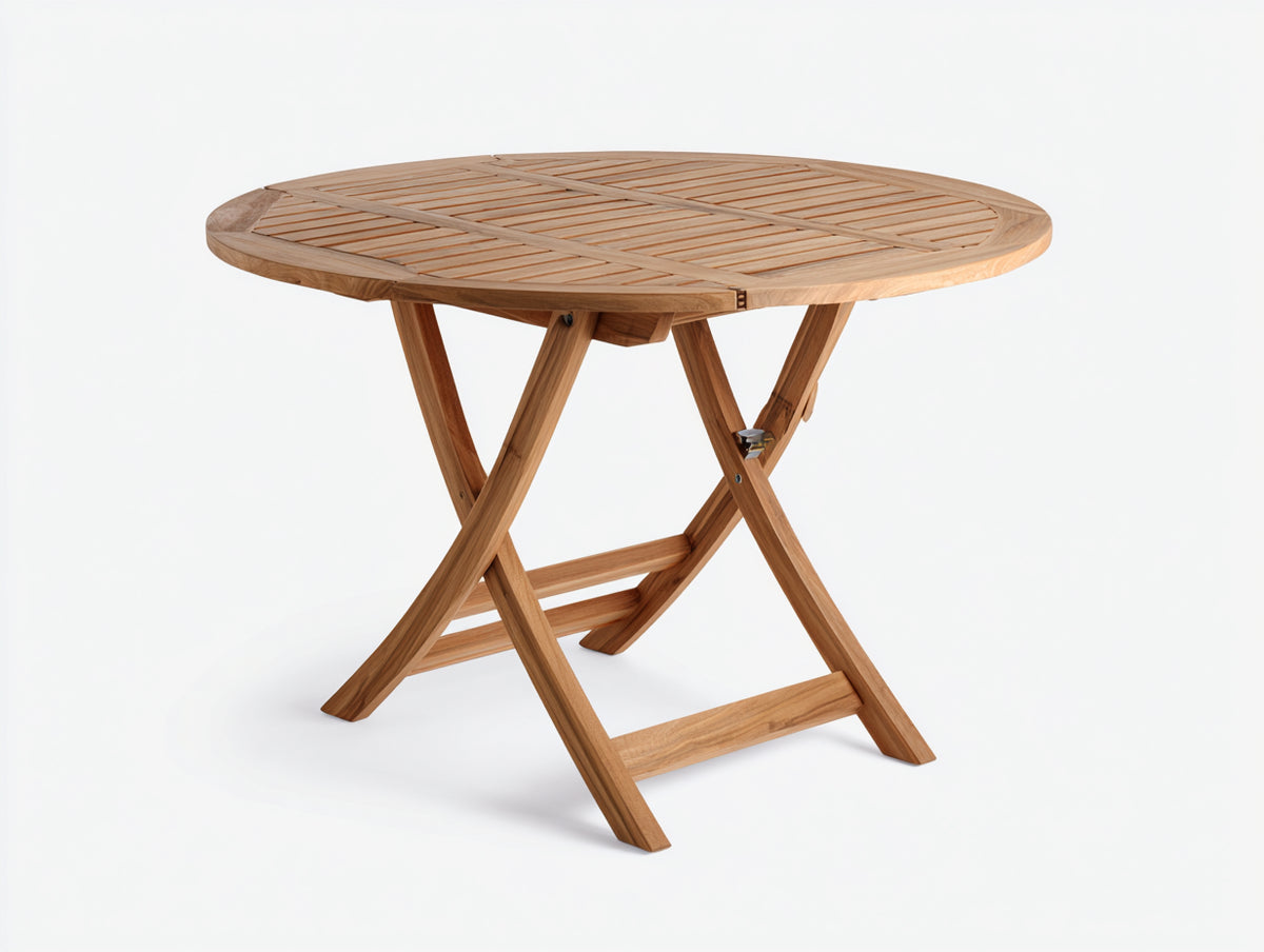 Mesas de jardín de madera 110x110x75 cm - Madera natural - Diseño redondo plegable con patas cruzadas