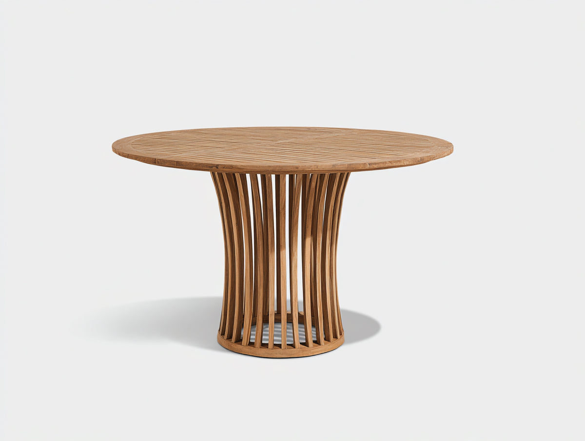 Mesas de jardín de madera 120x120x76 cm - Madera natural - Diseño redondo con base central de listones curvados