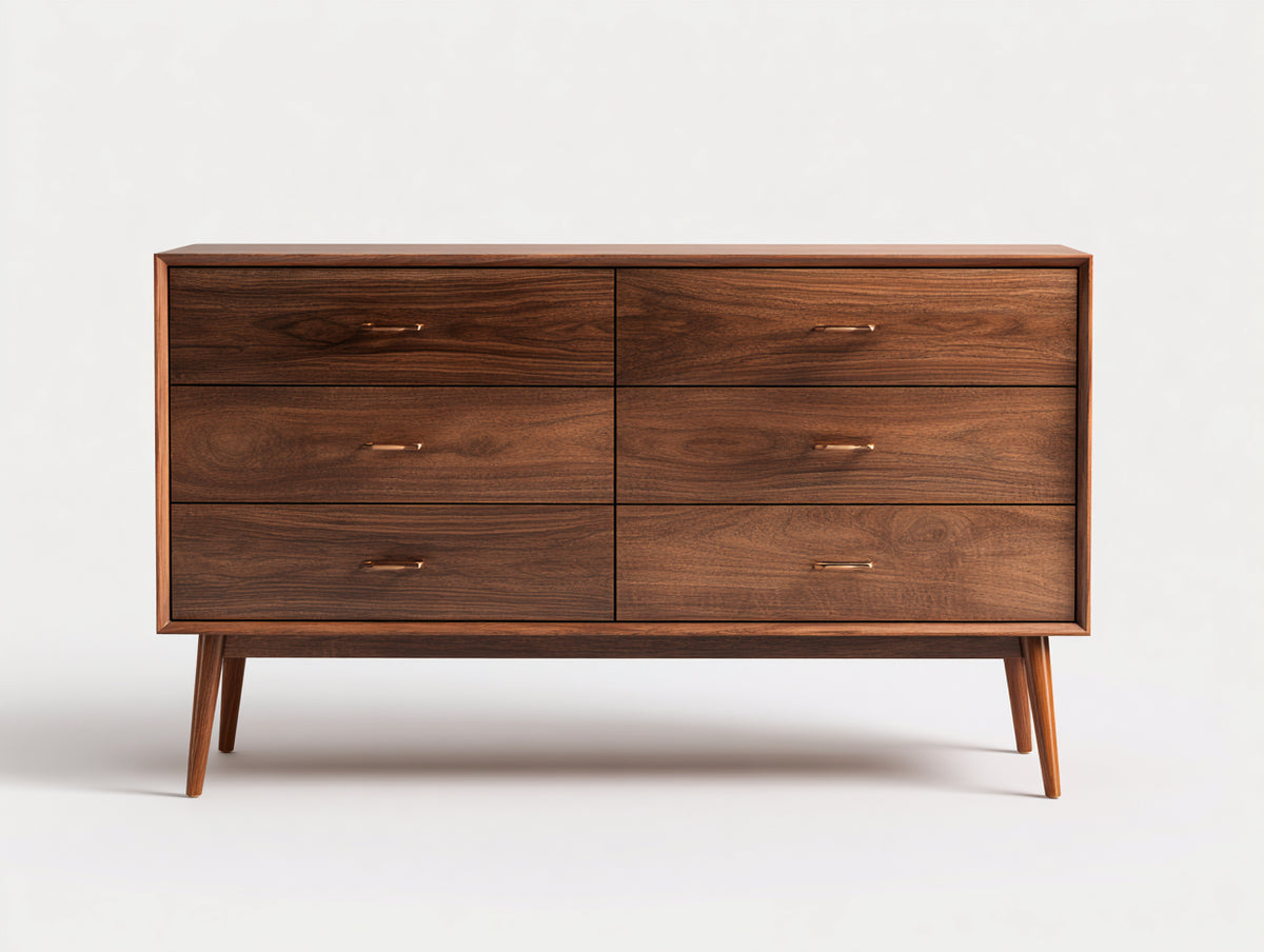 Cómoda 180x45x85 cm - de 6 cajones de madera con diseño moderno de estilo nórdico y acabado elegante - color nogal oscuro - estilo contemporáneo