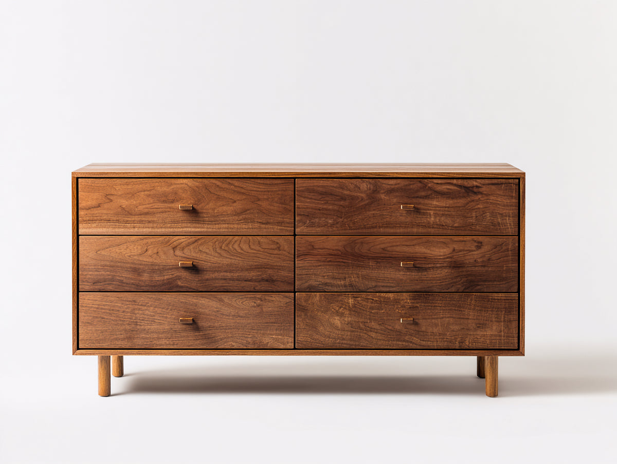 Cómodas de madera 150x45x90 cm - Marrón nogal - Diseño moderno con 6 cajones y tiradores metálicos